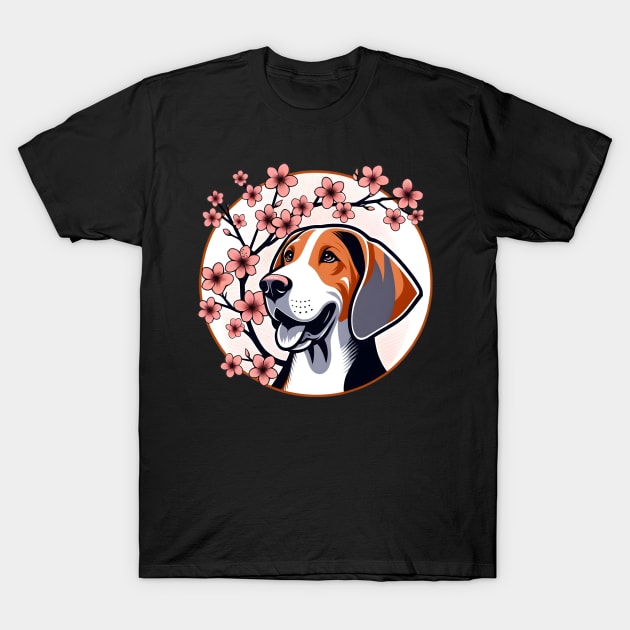 American English Coonhound Enjoys Spring Cherry Blossoms T-Shirt by ArtRUs